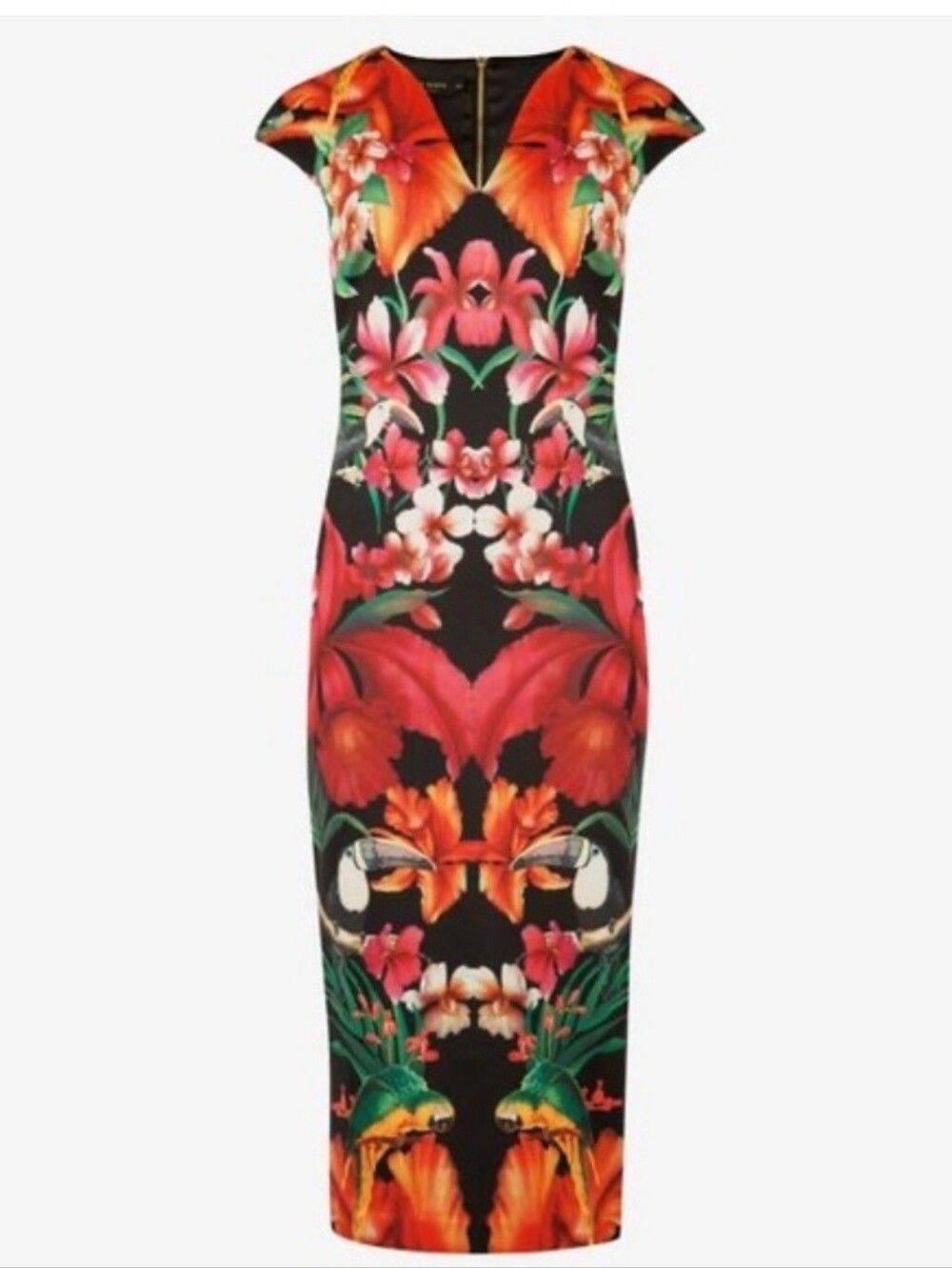 Ted Baker Black Floral Print Midi Dress with Red & Green Accents